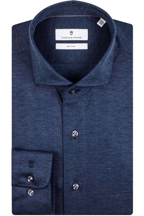 Thomas Maine Tailored Fit Overhemd Navy Effen Overhemden