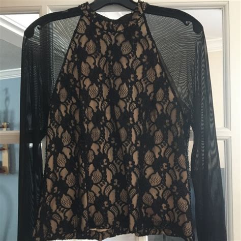 Gilar Tops Beaded Black Lace Top Nude Bodice Sheer Ls Beaded Sleeve Trim Back Zip Poshmark