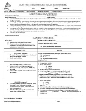 Fillable Online Laurel Public Schools Asthma Care Plan And Orders For