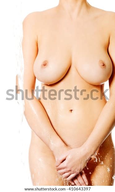 Naked Woman Behind Falling Water Covering Stock Photo