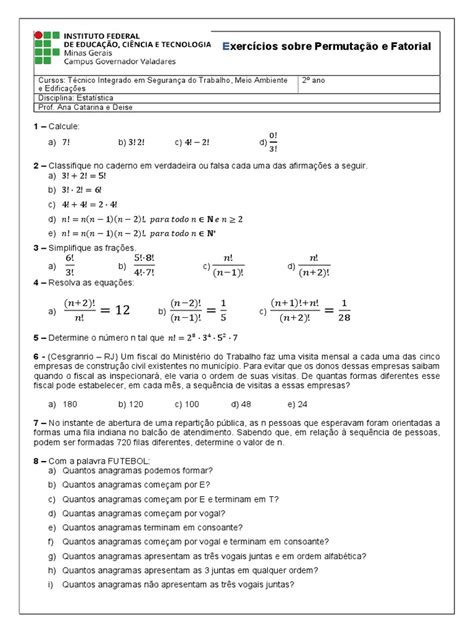 Questoes De Permutação - Exercícios de Fatorial e Permutação | PDF | Matemática | Vogal