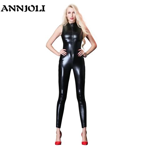 Annjoli Hot Sexy Wetlook Faux Leather Catsuit Pu Latex Lingerie Open