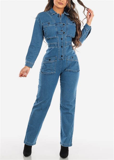 Cute Denim Coveralls Long Sleeve Denim Jumpsuit Medium Wash Jean