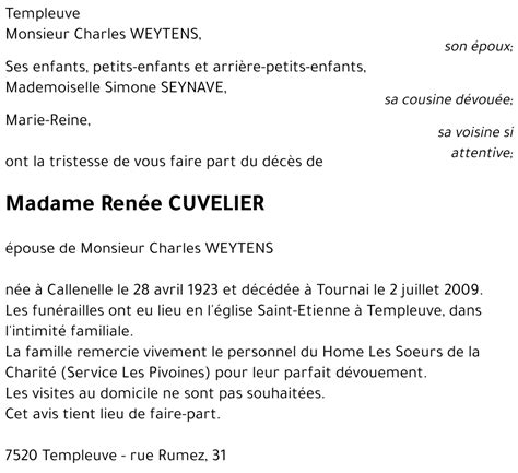 Avis De Décès De Renée Cuvelier Décédé Le 02 07 2009 à Tournai