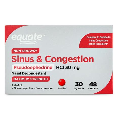 Equate Maximum Strength Pseudoephedrine Hcl Sinus And Congestion Relief Tablets 30 Mg 48 Count