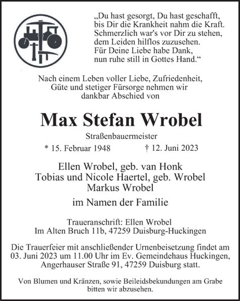 Traueranzeigen Von Max Stefan Wrobel Trauer In NRW De