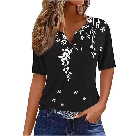 Posijego Plain Tshirts For Women V Neck Button Short Sleeve Tops Women