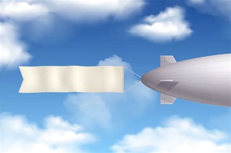 Realistic Dirigible Airship Composition with Banner and Clouds Vector Illustration