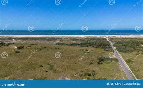 Top View Of The Beach Kijkduin And Sea Flight Over Fields With Green