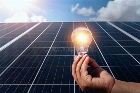 Hand Holding Lightbulb On Solar Panel Concept Clean Energy In Nature