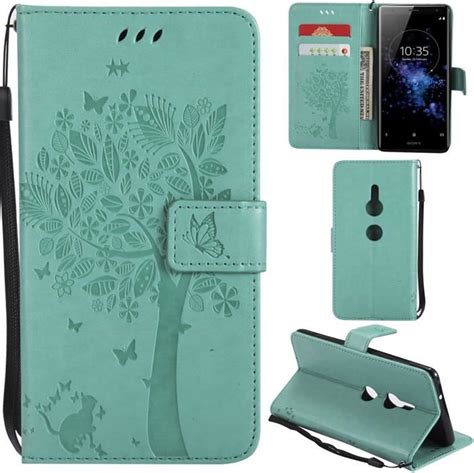 Tui Rabat En Cuir Pu Avec Motif D Arbre Et De Chat Pour Sony Xperia