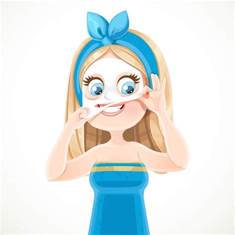 Jolie Fille Blonde Dans Une Serviette De Bain Bleue Et Les Cheveux Attachés Enlève Le Masque