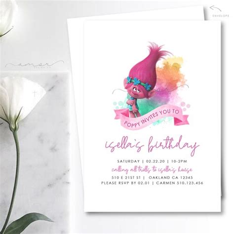 Modern Trolls Girl Birthday Invitation Minimalist Poppy Troll Etsy