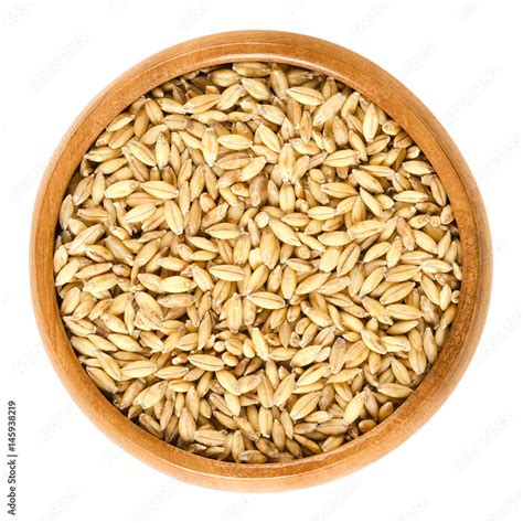 Hulless Barley In Wooden Bowl Also Called Naked Barley Variation Of