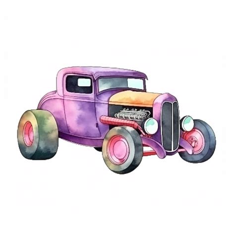 Uma Pintura Em Aquarela De Um Carro Roxo A Palavra Hot Rod Na