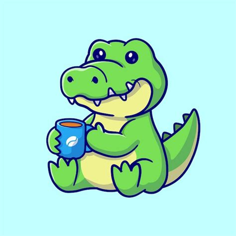 Bonito crocodilo bebendo café ilustração vetorial ícone dos desenhos