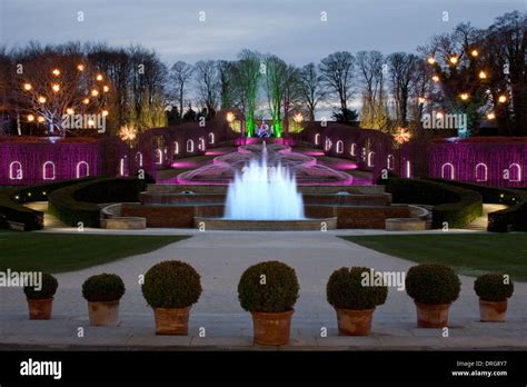 The Alnwick Garden in Alnwick, Northumberland floodlit at Christmas ...