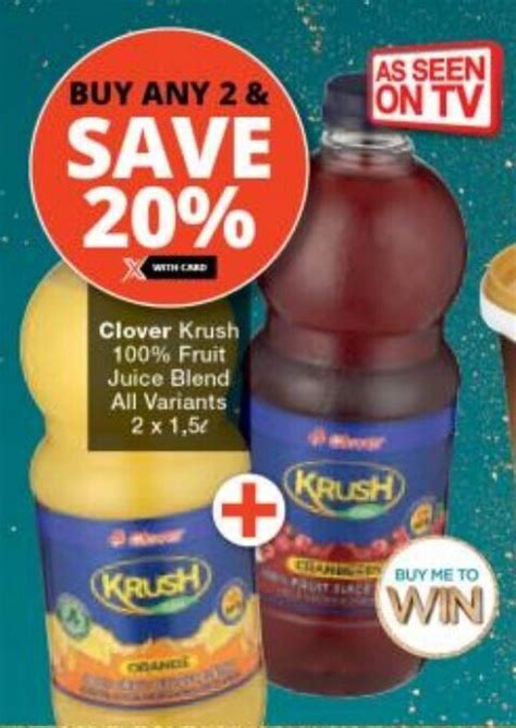 Clover Krush 100 Fruit Juice Blend All Variants 2 X 1 5l Offer At Checkers