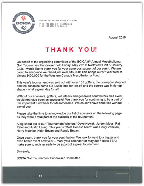 Golf Tournament Sponsor Thank You Letter