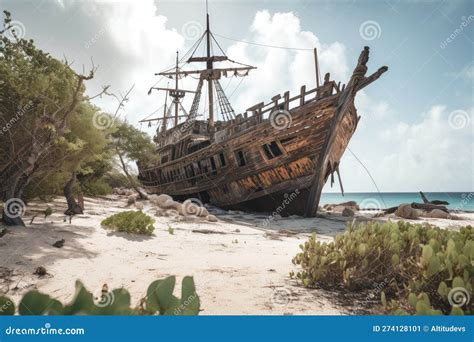 Navio Pirata Deserto E A Decaiar Na Ilha Deserta Ilustra O Stock