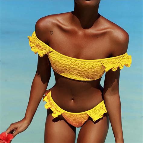 Women Folds Ruffles Split Off Shoulder Bikini Female Padded Bra