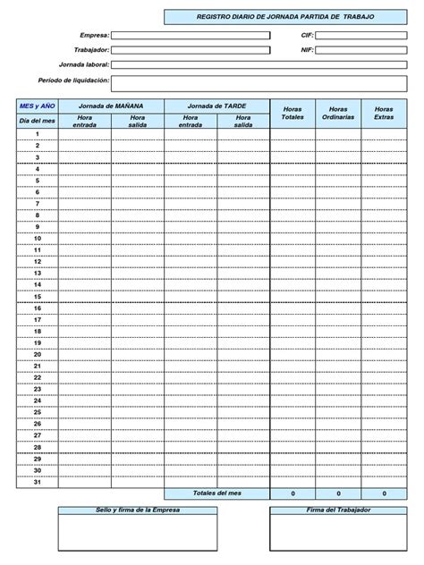 Plantilla Registro Jornada Laboral Pdf