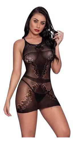 Lingerie Sexy Mini Vestido Arrastão Sensual Laço Alças Frete grátis