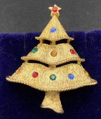 Vintage Christmas Tree Signed Jj Jonette Gold Tone Brooch Pin