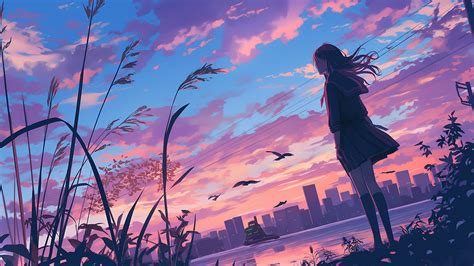 Pink Sunset & Anime Girl Desktop Wallpaper - Anime Wallpaper 4K