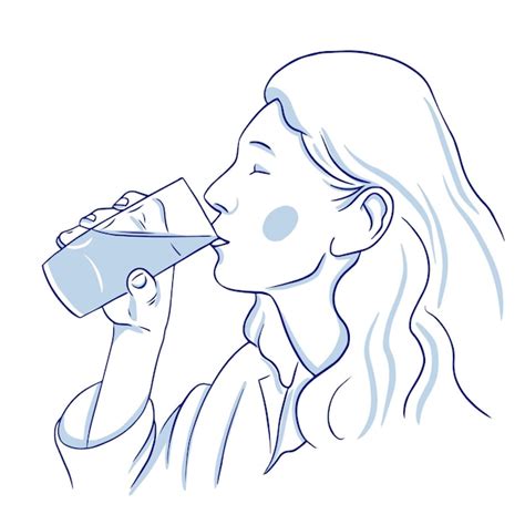 Perfil De Una Mujer Bebiendo Agua De Un Vaso Vector Contorno Azul