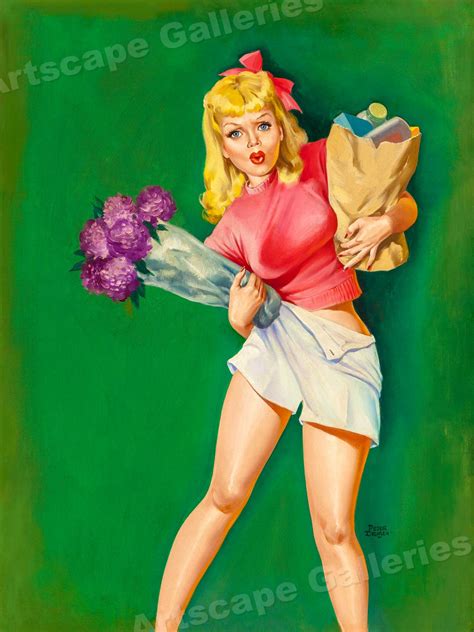 Peter Driben 1950s Pin Up Girl Losing The Groceries Vintage Poster