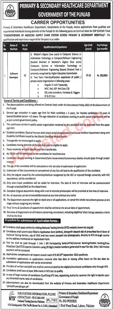 New Primary And Secondary Healthcare Department Punjab Jobs September