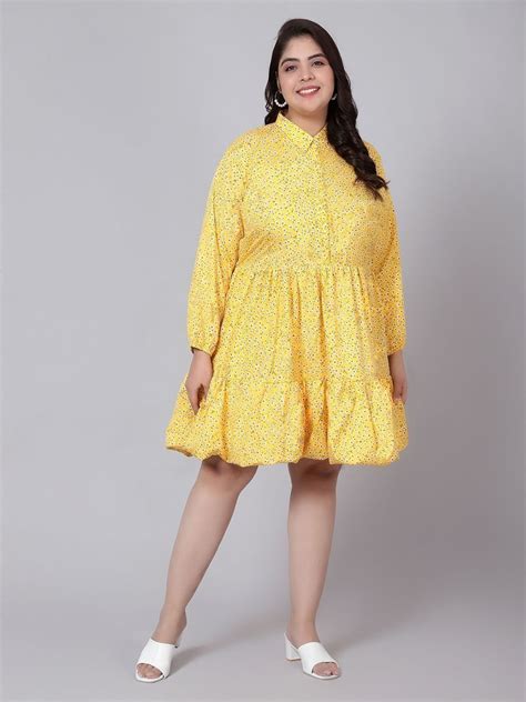 Buy Indietoga Women Plus Size Yellow Floral Printed Tiered Dress