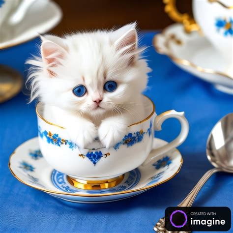 a white kitten sitting in a teacup on top of a blue and gold table cloth