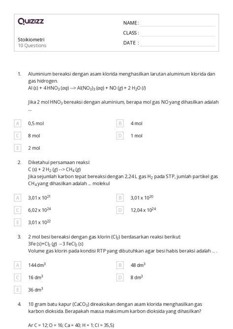 50 Lembar Kerja Stoikiometri Untuk Kelas 10 Di Quizizz Gratis