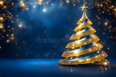 Gold Christmas Tree Left Side Of The Background On A Blue Abstract