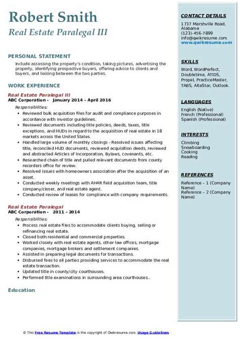 Real Estate Paralegal Resume Samples Qwikresume