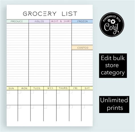 Grocery List Meal Plan Printable Grocery List Dinner Plan Template Etsy