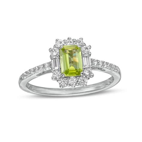 Emerald Cut Peridot And White Lab Created Sapphire Ornate Frame Ring In