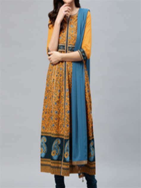 Buy Rain And Rainbow Women Mustard Yellow And Navy Printed Kurta With