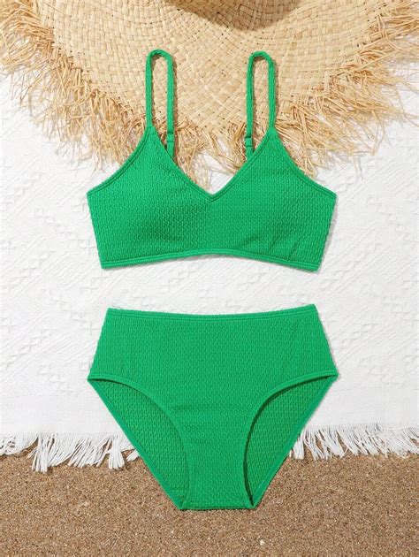 Ensemble de bikini texturé unicolore pour fille préadolescente plage d