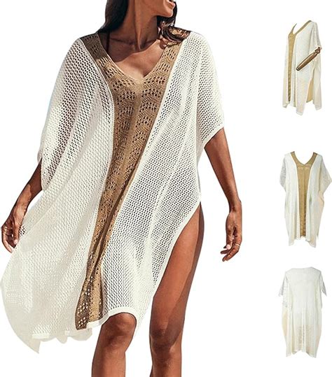 Women Plus Size Beach Swimsuit Sleeve Bikini Cover Ups Hollow Out See Through Side Split Bathing
