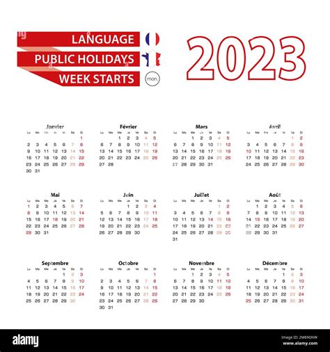 Calendario 2023 en lengua francesa con los días festivos del país de