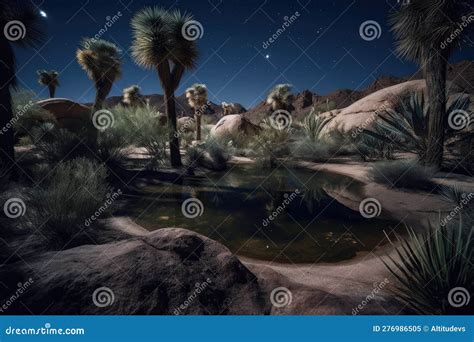 Desert Oasis with Moon and Stars in the Night Sky Stock Illustration ...