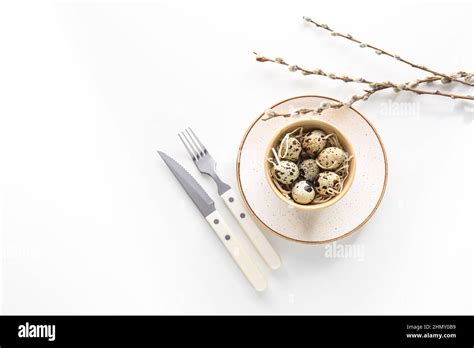 Beautiful Easter Table Setting With Pussy Willow Branches On White Background Stock Photo Alamy