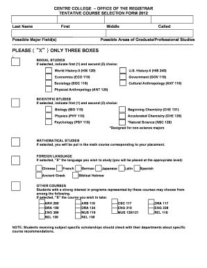 Fillable Online Web Centre Course Selection Form Centre College Fax