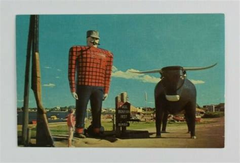 Vintage Postcard Paul Bunyan And Babe His Blue Ox At Lake Bemidji