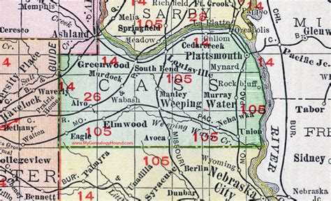 Cass County, Nebraska, map, 1912, Plattsmouth, Louisville, Weeping ...