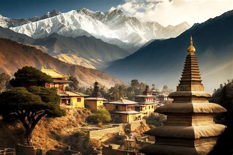 Amplio Paisaje De Nepal Con Antiguo Templo Budista Contra El Fondo De