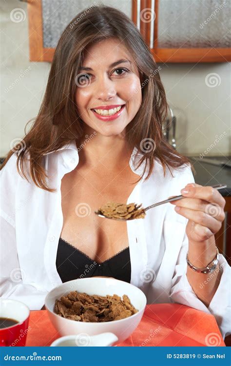 Brunette Eating Breakfast Stock Image Image Of Bran Eating 5283819